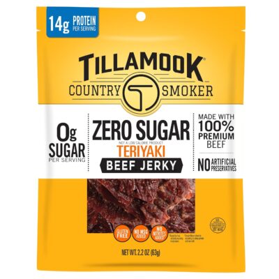 tillamook beef jerky, country smoker zero sugar ready to eat keto snack, low carb, high protein, gluten free, teriyaki, 2.2 ounce
